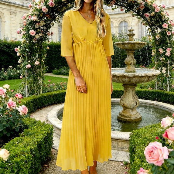 Chiffon Dresses for Women V Neck Elegant Half Sleeve Pleated Dress Sundress Holiday Beach Wedding Guest Casual Summer Sundress S-2XL