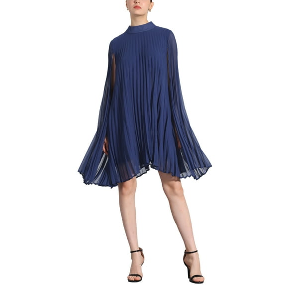 INSPIRE CHIC Chiffon Dresses for Women's Loose Flowy Cloak Sleeve Cape Pleated Dress S Dark Blue