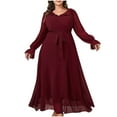 thumbnail image 1 of Chiffon Evening Gowns for Women Formal Plus Size Long Sleeve Ruffle Dresses Elegant Wedding Guest Prom Maxi Dress Wine, 3XL, 1 of 6