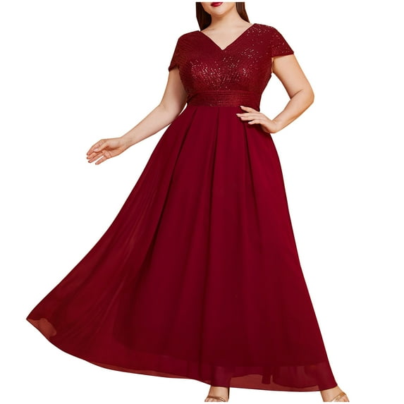 Chiffon Evening Gowns for Women Formal Plus Size Ruffle Sparkly Sequin Dresses Wedding Guest Prom Maxi Dress Wine, 3XL
