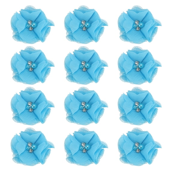 Chiffon Flowers Rhinestone Pearl Sewing Fabric Flowers Artificial Appliques Embellishments Lake Blue