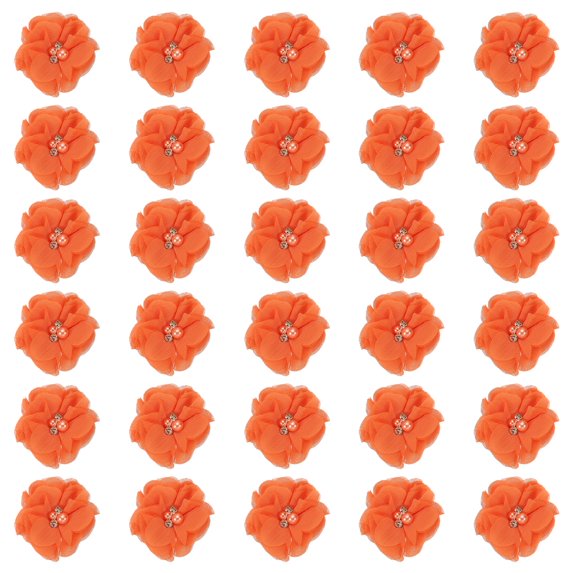 Chiffon Flowers Rhinestone Pearl Sewing Fabric Flowers Artificial Appliques Embellishments Orange