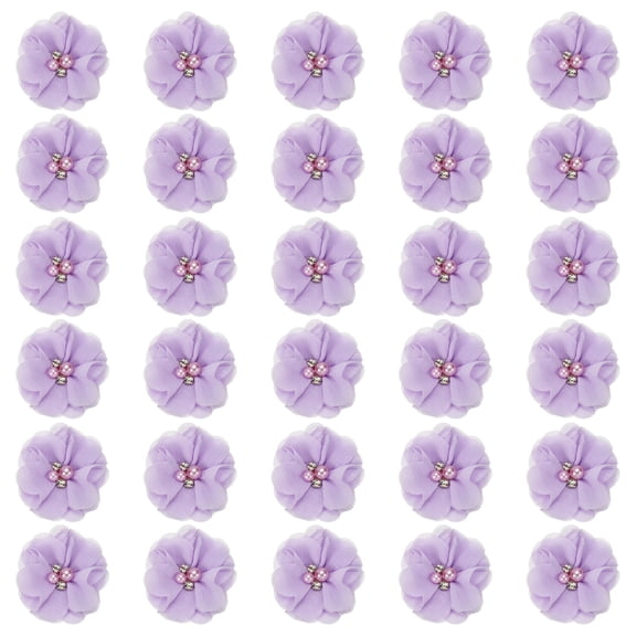 Chiffon Flowers Rhinestone Pearl Sewing Fabric Flowers Artificial Appliques Embellishments Purple