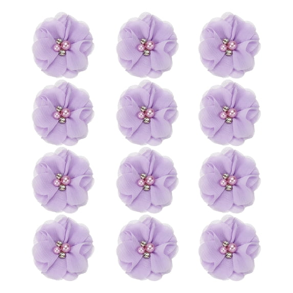 Chiffon Flowers Rhinestone Pearl Sewing Fabric Flowers Artificial Appliques Embellishments Purple