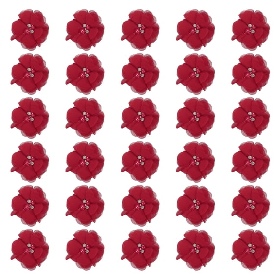 Chiffon Flowers Rhinestone Pearl Sewing Fabric Flowers Artificial Appliques Embellishments Red