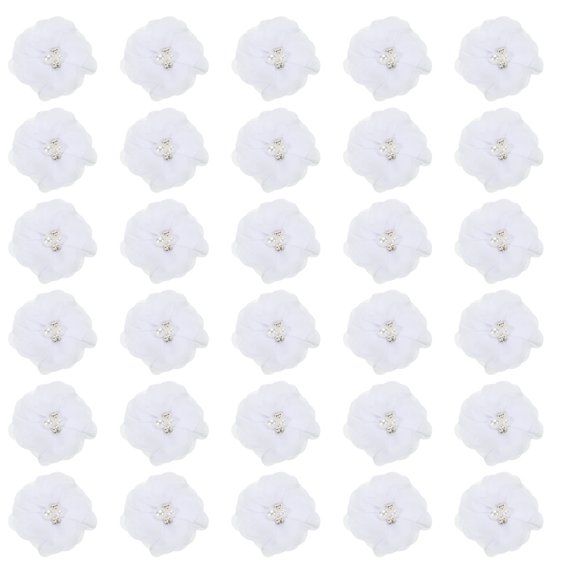 Chiffon Flowers Rhinestone Pearl Sewing Fabric Flowers Artificial Appliques Embellishments White