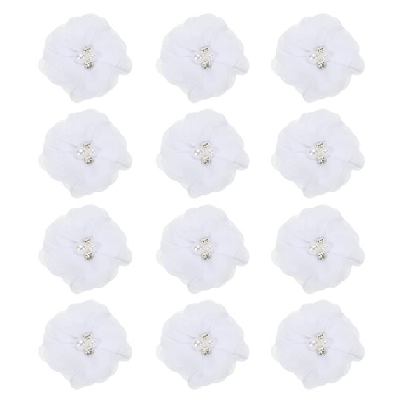 Chiffon Flowers Rhinestone Pearl Sewing Fabric Flowers Artificial Appliques Embellishments White