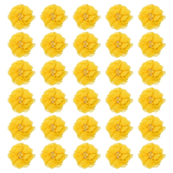 Chiffon Flowers Rhinestone Pearl Sewing Fabric Flowers Artificial Appliques Embellishments Yellow