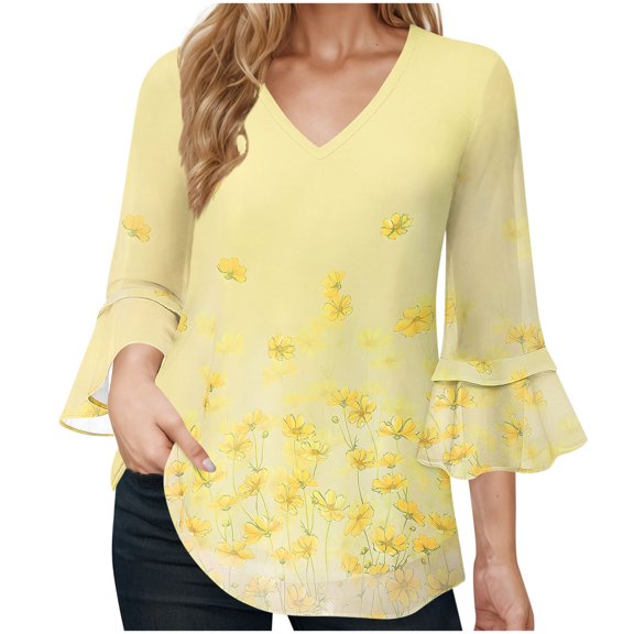 Chiffon Flowy Tops Womens Dressy Casual Blouses Ruffle 3/4 Sleeve V Neck Floral Printed Vacation Outfits (S, Yellow)