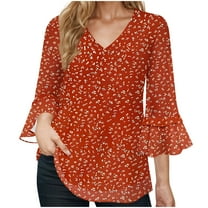 Chiffon Flowy Tops Womens Dressy Casual Blouses Ruffle 3/4 Sleeve V Neck Floral Printed Vacation Outfits (XL, Red)
