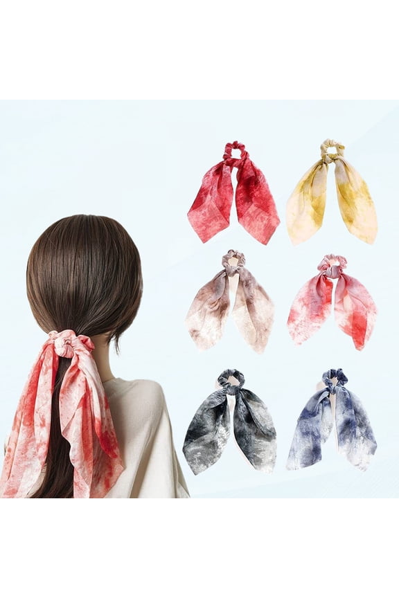 Chiffon Hair Scarf, Long Tail Hair Scrunchies, Hair Tie Ponytail Holder 6 PCS for Women Girl Women (combination-dyed 6pcs)