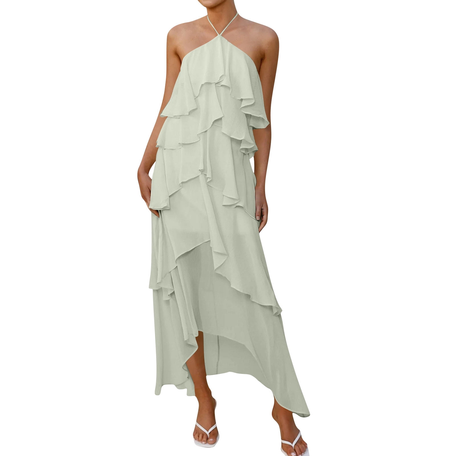 ruffle halter bridesmaid dress Ruffle-Trimmed Bodice Halter Maxi Dress with Wrap Slit