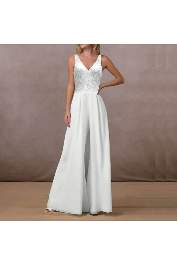 Chiffon Jumpsuits for Women V Neck Wide Leg Pants Set Long Formal Romper White L
