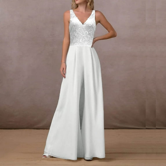 Chiffon Jumpsuits for Women V Neck Wide Leg Pants Set Long Formal Romper White L