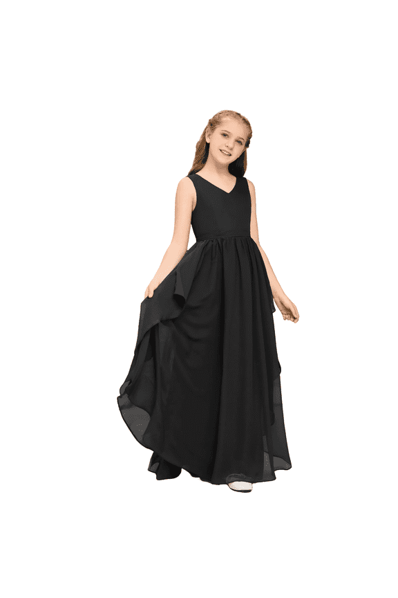 Chiffon Junior Bridesmaid Dress Floor Length V Neck with Belt Flower Girl Dress for Teen Girls Elegant Party Dress (10 -11Years）