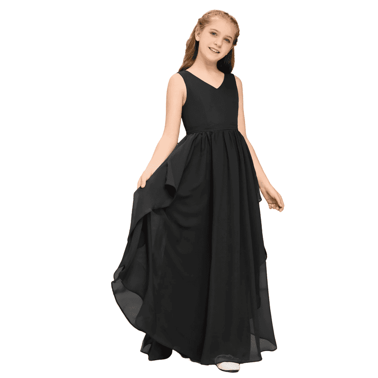 Chiffon Junior Bridesmaid Dress Floor Length V Neck with Belt Flower Girl  Dress for Teen Girls Elegant Party Dress (8-9Years