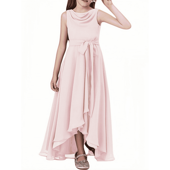 Chiffon Junior Bridesmaid Dress for Teens Asymmetrical Sleeveless Design Adjustable Waistband Flower Girl Dress for Girls Formal Dress-Blushing pink-12Y
