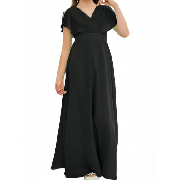 Chiffon Junior Bridesmaid Dress for Girls V-Neck Flower Girl Dress Formal Dresses -Black-14Y