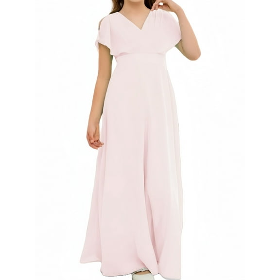 Chiffon Junior Bridesmaid Dress for Girls V-Neck Flower Girl Dress Formal Dresses -Blushing pink-8Y