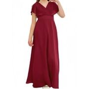Chiffon Junior Bridesmaid Dress for Girls V-Neck Flower Girl Dress Formal Dresses -Burgundy-12Y