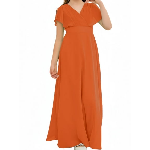 Chiffon Junior Bridesmaid Dress for Girls V-Neck Flower Girl Dress Formal Dresses -Burnt Orange-2Y