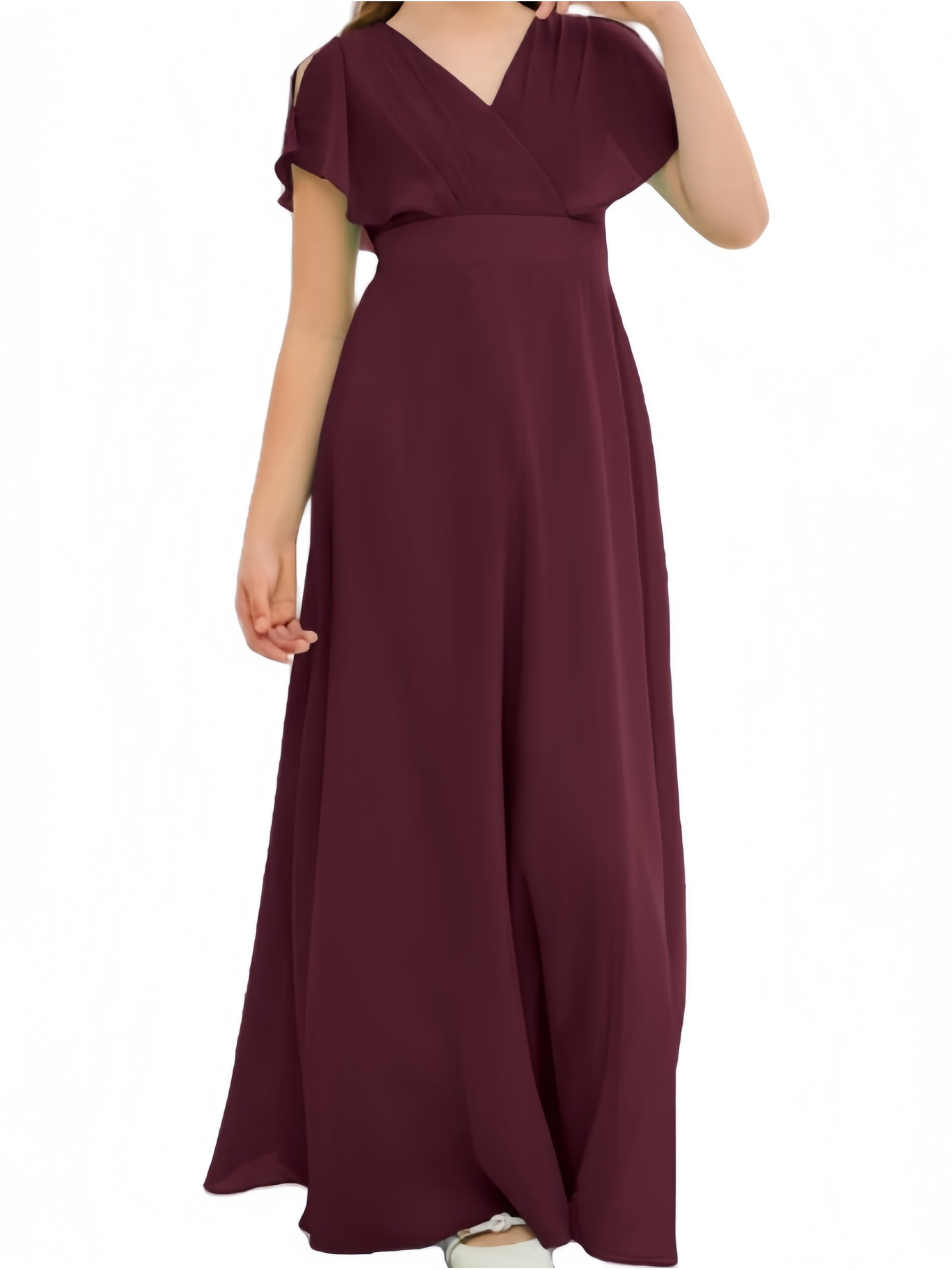 bridesmaid dresses cabernet Graceful V-Neck Cap Sleeves Slit Long Chiffon Bridesmaid Dresses –  mollyevers.com