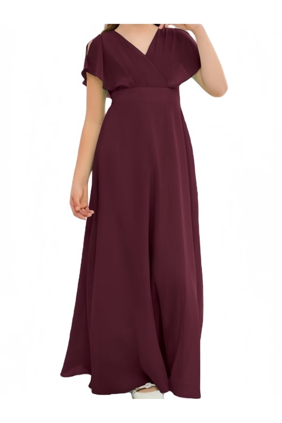 Chiffon Junior Bridesmaid Dress for Girls V-Neck Flower Girl Dress Formal Dresses -Cabernet-2Y