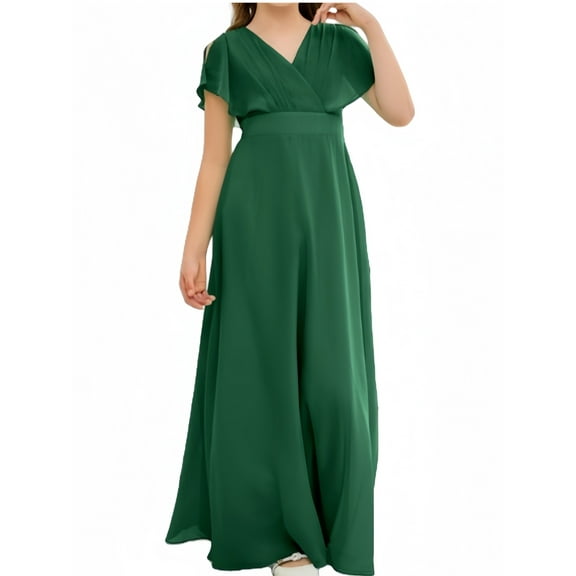 Chiffon Junior Bridesmaid Dress for Girls V-Neck Flower Girl Dress Formal Dresses -Dark Green-8Y