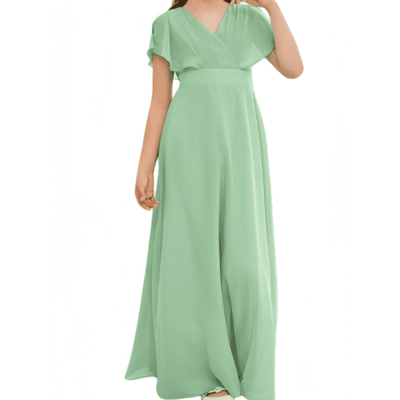Chiffon Junior Bridesmaid Dress for Girls V-Neck Flower Girl Dress Formal Dresses -Dusty Sage-2Y