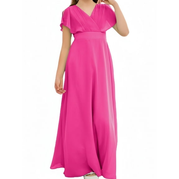 Chiffon Junior Bridesmaid Dress for Girls V-Neck Flower Girl Dress Formal Dresses -Fuchsia-14Y