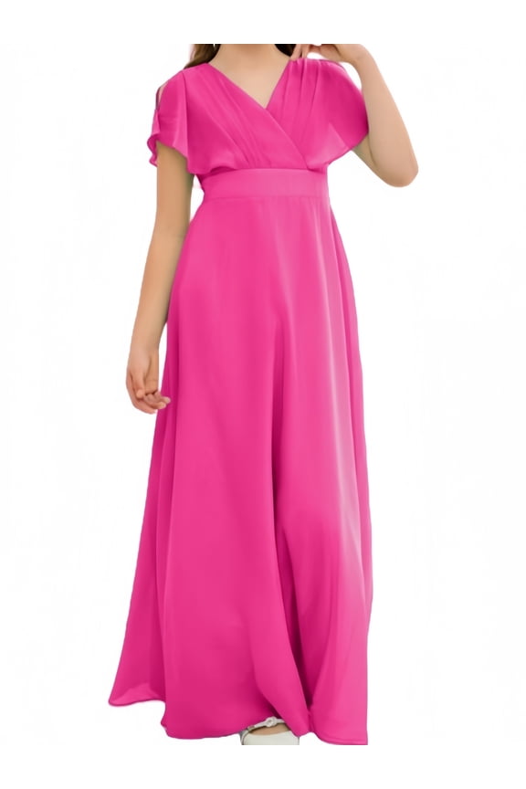 Chiffon Junior Bridesmaid Dress for Girls V-Neck Flower Girl Dress Formal Dresses -Fuchsia-6Y