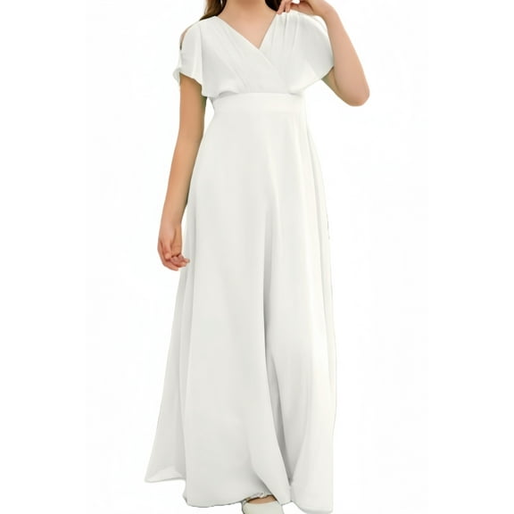Chiffon Junior Bridesmaid Dress for Girls V-Neck Flower Girl Dress Formal Dresses -Ivory-10Y