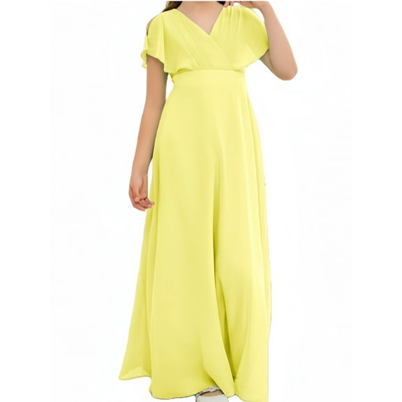 Chiffon Junior Bridesmaid Dress for Girls V-Neck Flower Girl Dress Formal Dresses -Lemon-10Y