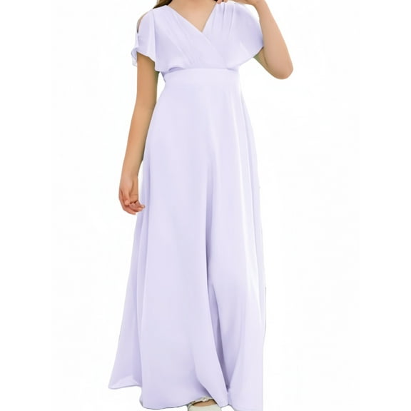 Chiffon Junior Bridesmaid Dress for Girls V-Neck Flower Girl Dress Formal Dresses -Lilac-10Y