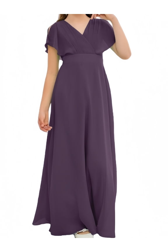 Chiffon Junior Bridesmaid Dress for Girls V-Neck Flower Girl Dress Formal Dresses -Plum-14Y