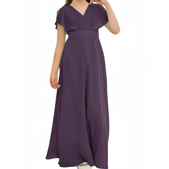 Chiffon Junior Bridesmaid Dress for Girls V-Neck Flower Girl Dress Formal Dresses -Plum-2Y