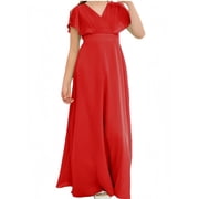 Chiffon Junior Bridesmaid Dress for Girls V-Neck Flower Girl Dress Formal Dresses -Red-12Y