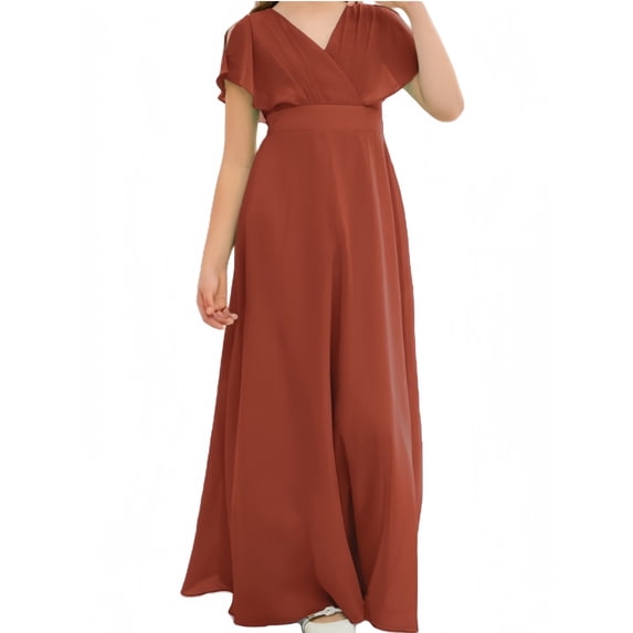 Chiffon Junior Bridesmaid Dress for Girls V-Neck Flower Girl Dress Formal Dresses -Rust-4Y