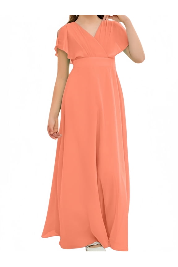 Chiffon Junior Bridesmaid Dress for Girls V-Neck Flower Girl Dress Formal Dresses -Sunset-12Y