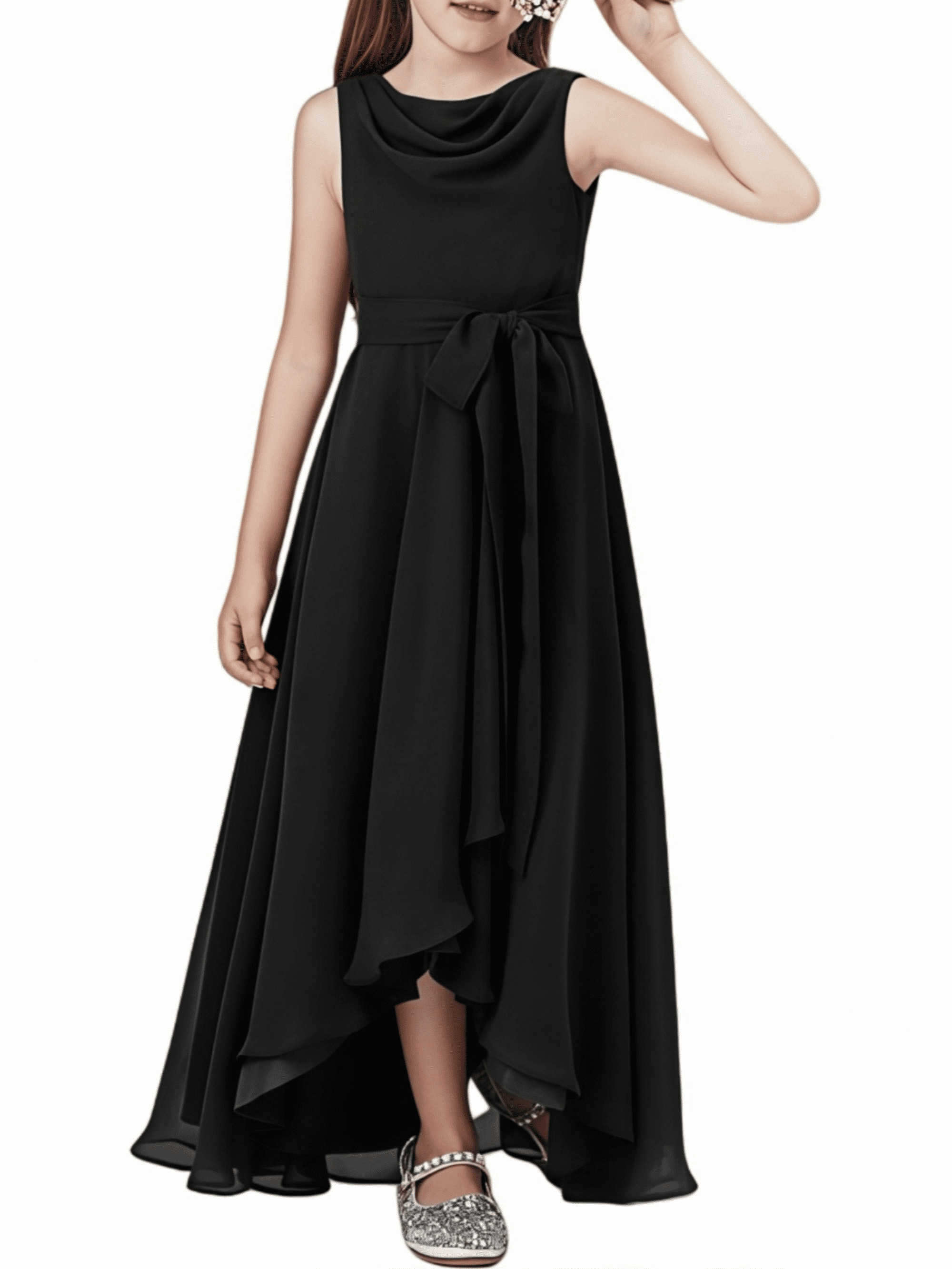 junior bridesmaid dresses black dideyttawl High-Low Junior Bridesmaid Dresses for Girls Pleated Satin A-Line Bow Straps Pageant Formal Party Dress 2536, Black / 16