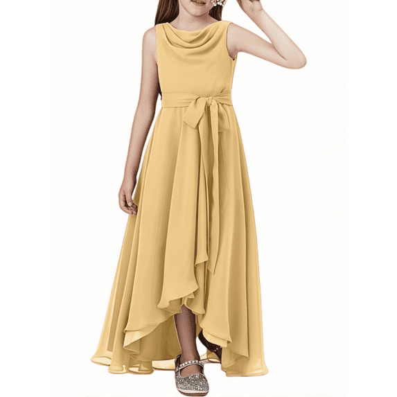 Chiffon Junior Bridesmaid Dress for Teens Asymmetrical Sleeveless Design Adjustable Waistband Flower Girl Dress for Girls Formal Dress-Gold-14Y