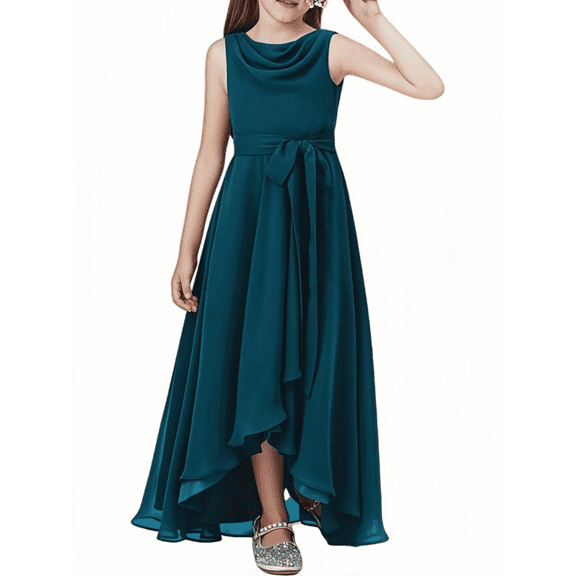 Chiffon Junior Bridesmaid Dress for Teens Asymmetrical Sleeveless Design Adjustable Waistband Flower Girl Dress for Girls Formal Dress-Ink blue-8Y