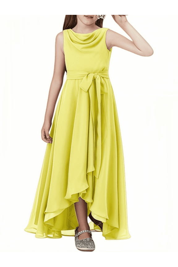 Chiffon Junior Bridesmaid Dress for Teens Asymmetrical Sleeveless Design Adjustable Waistband Flower Girl Dress for Girls Formal Dress-Lemon-12Y