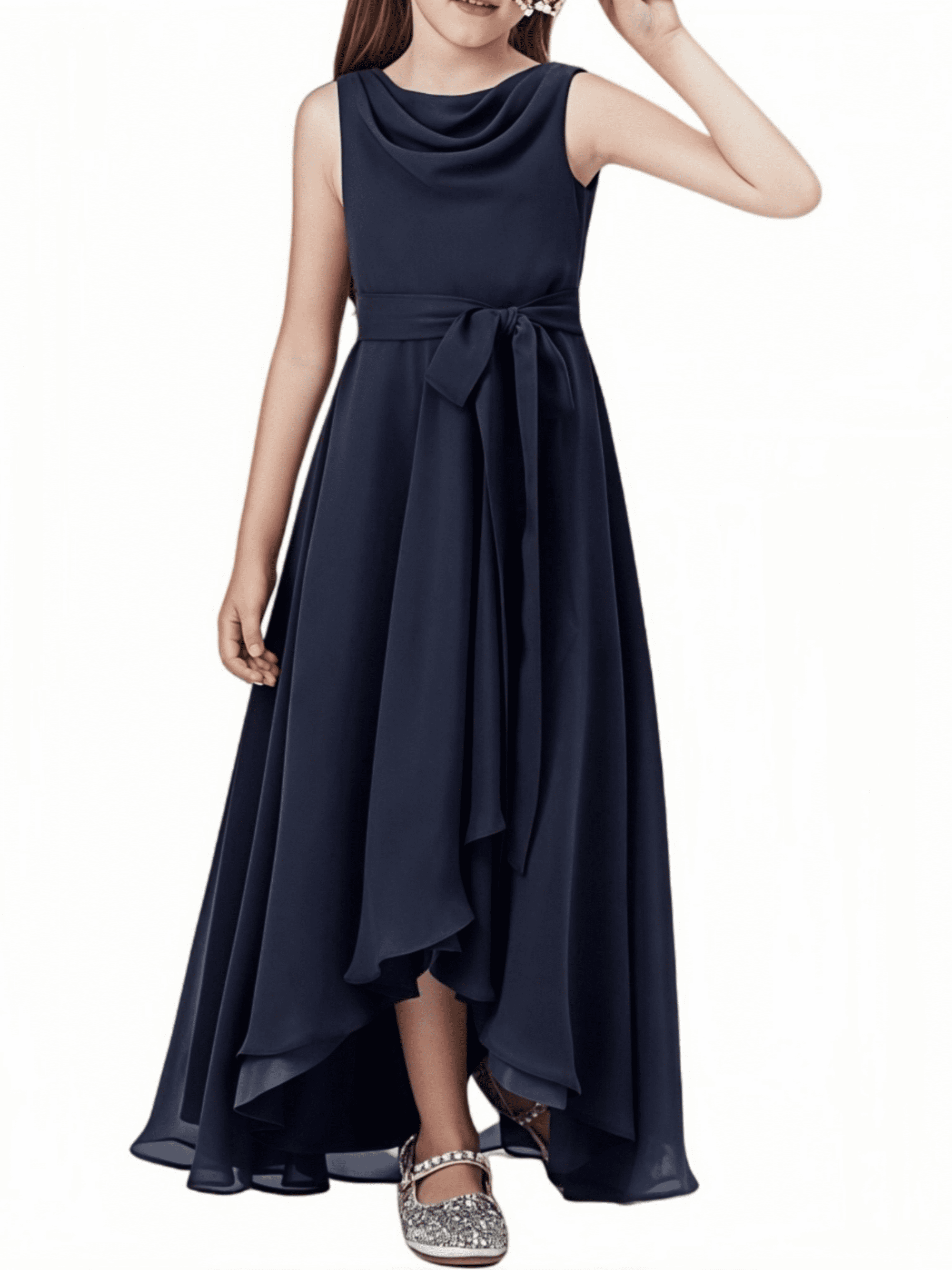 Chiffon Junior Bridesmaid Dress for Teens Asymmetrical Sleeveless Design  Adjustable Waistband Flower Girl Dress for Girls Formal Dress-Navy Blue-8Y