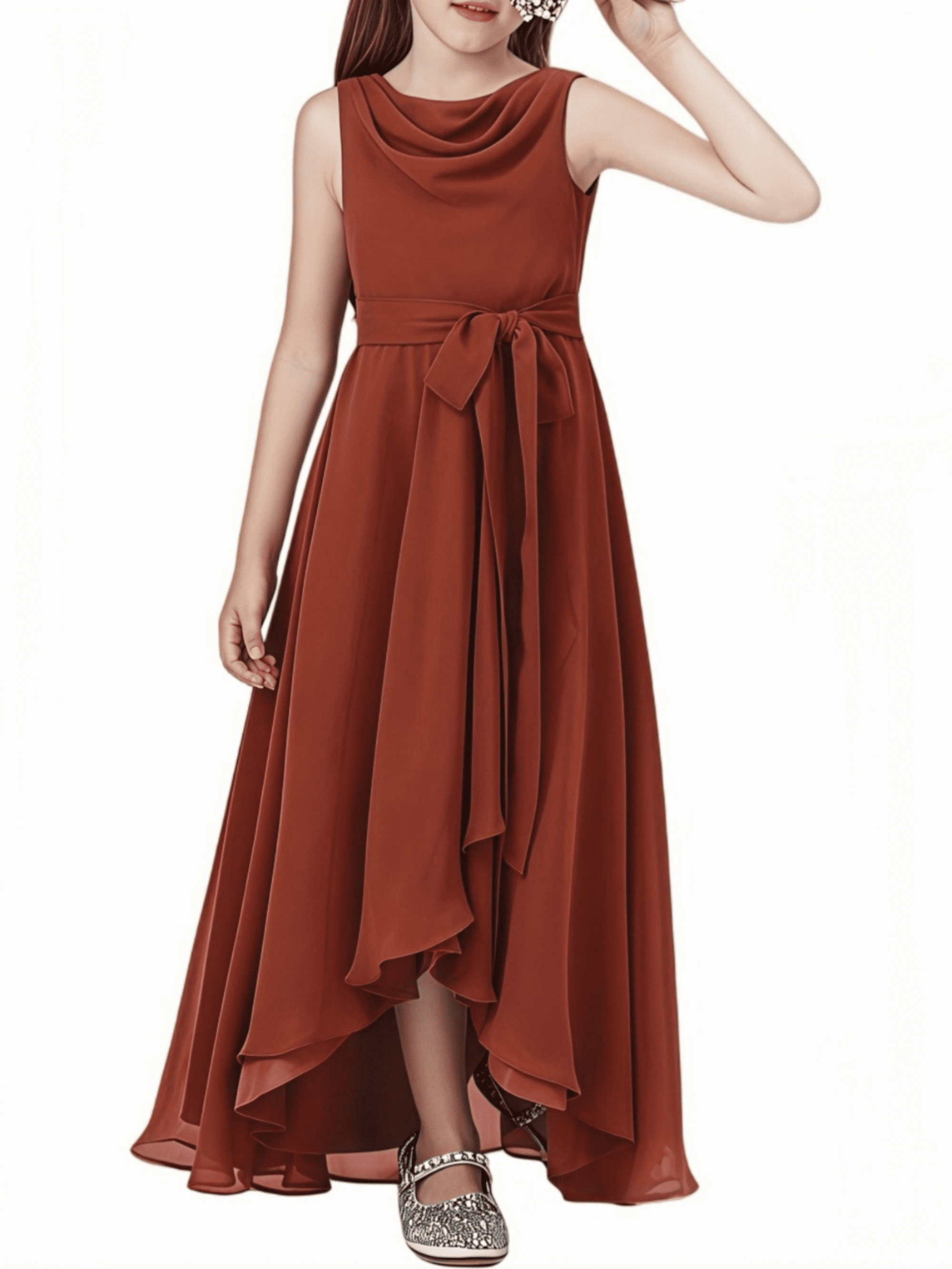 Chiffon Junior Bridesmaid Dress for Teens Asymmetrical Sleeveless Design Adjustable Waistband Flower Girl Dress for Girls Formal Dress-Terracotta-6Y