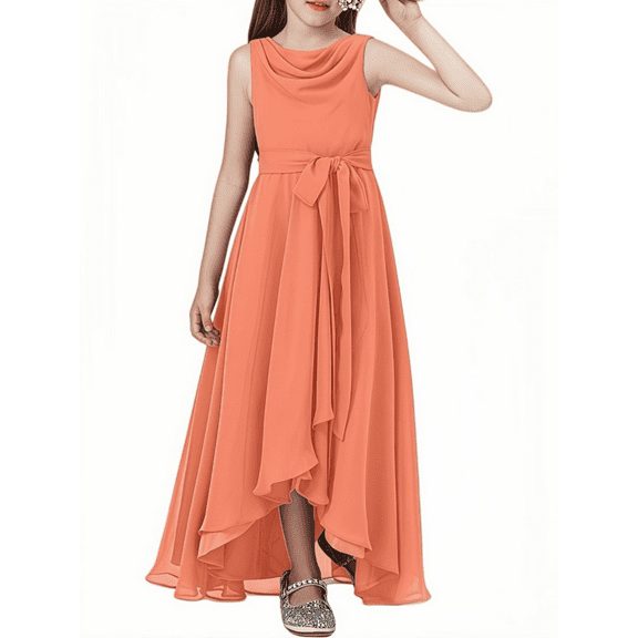 Chiffon Junior Bridesmaid Dress for Teens Asymmetrical Sleeveless Design Adjustable Waistband Flower Girl Dress for Girls Formal Dress-Sunset-2Y