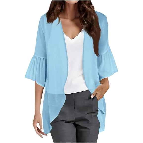 Chiffon Kimono Cardigan Women - 3/4 Sleeve Pleated Cuff Open Front Beach Cover Up Lightweight Sheer Resort Wear Y2K Effortless