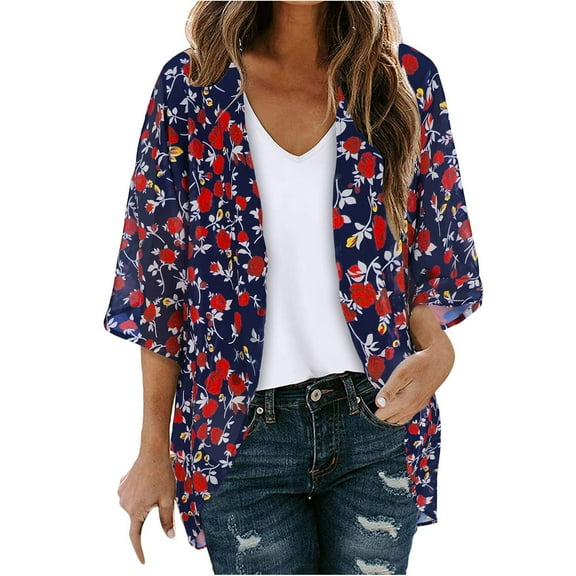 Chiffon Kimono Cardigans for Women, Floral Print Loose Open Front Kimono Cover ups for Ladies Summer Dressy Top Navy M