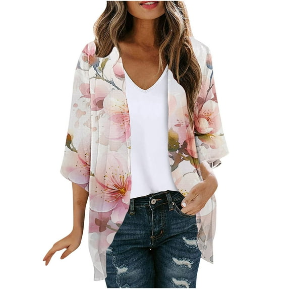Chiffon Kimono Cardigans for Women, Loose Open Front Kimono Cover ups for Ladies Summer Dressy Top Multicolor M