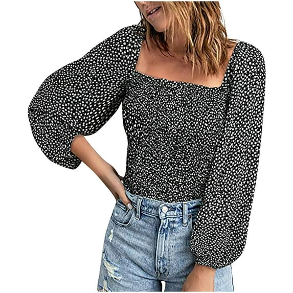 Chiffon Long Sleeve Tops for Women Stretch Square Neck Top Shirred Blouse Tops Square Neck Top Ruffle Hem Cropped Top